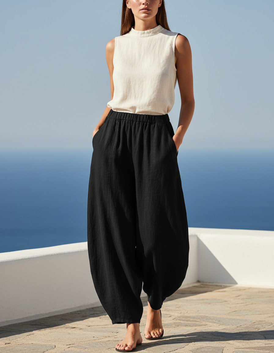 Pantalon En Lin Noir Ample Fluide Confortable Femme