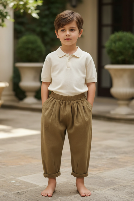 Pantalon En Lin Ample Décontracté Enfant Vert Olive - Kaki