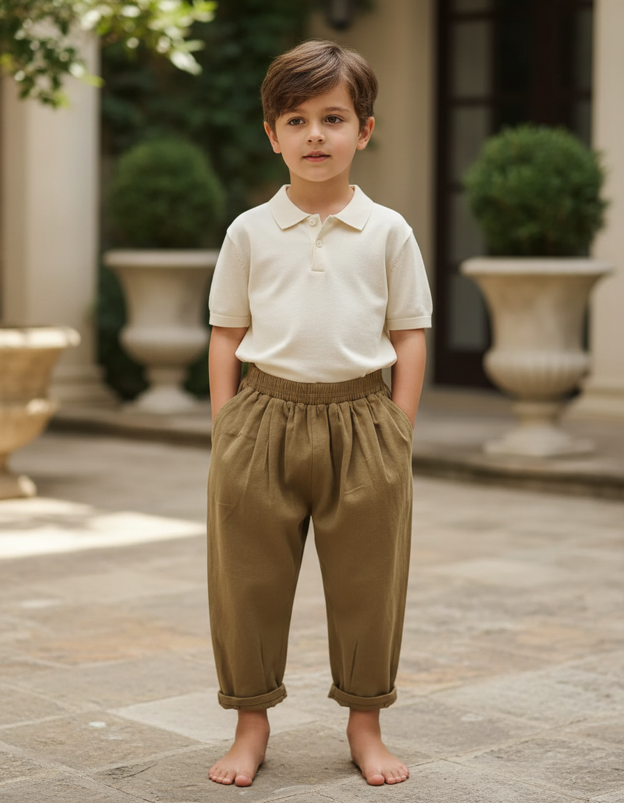 Pantalon En Lin Ample Décontracté Enfant Vert Olive - Kaki