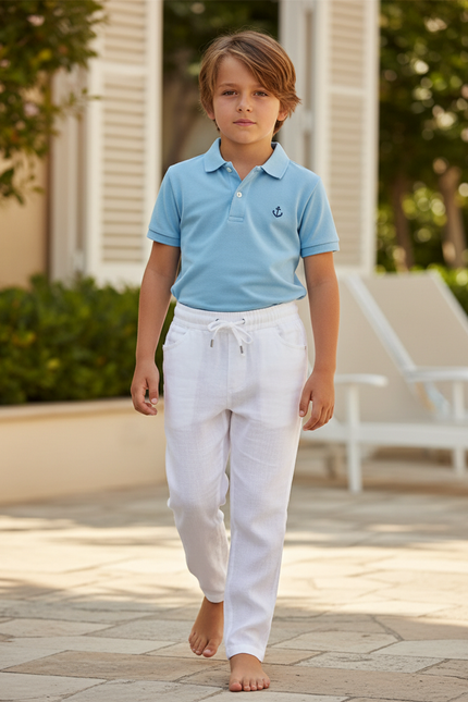 Pantalon En Lin Blanc Ample Cordon Garçon Décontracté