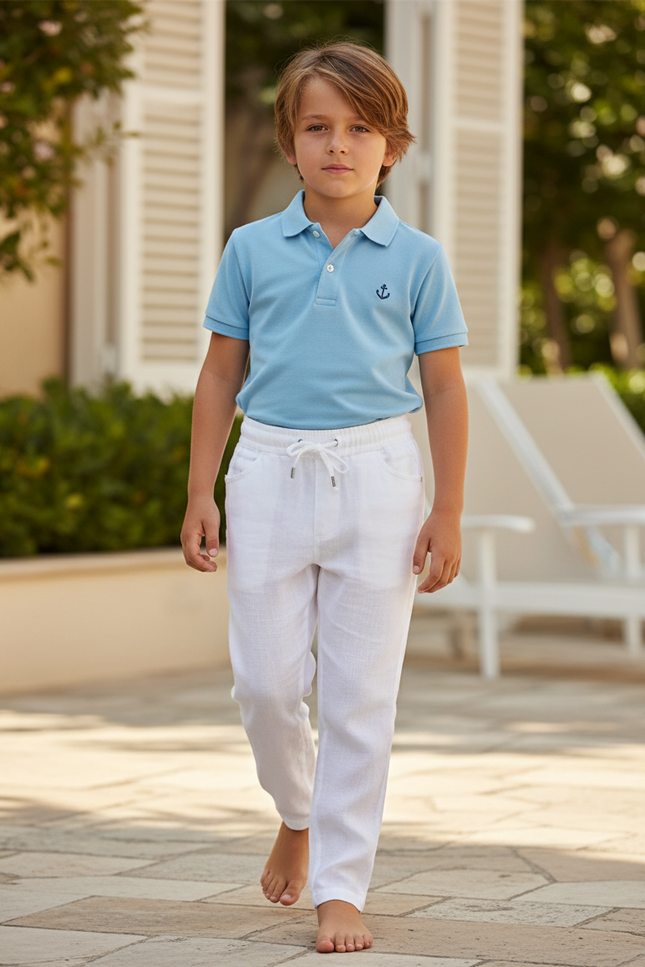 Pantalon En Lin Blanc Ample Cordon Garçon Décontracté