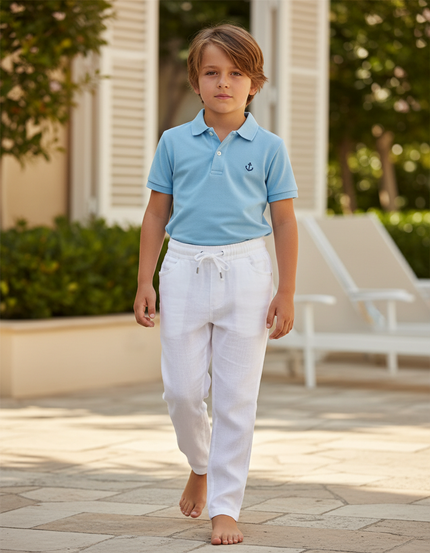 Pantalon En Lin Blanc Ample Cordon Garçon Décontracté