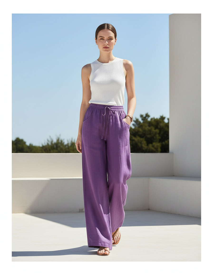 Pantalon En Lin Violet Ample Fluide Cordon Décontracté