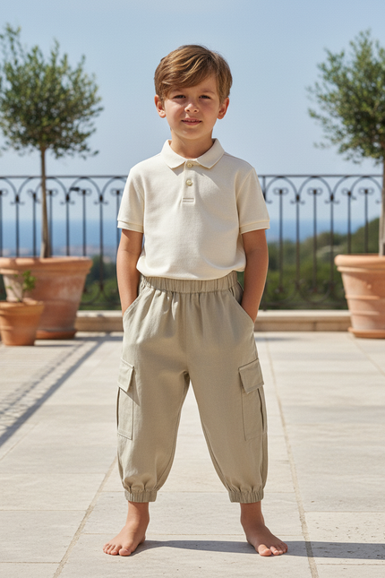 Pantalon En Lin Cargo Beige Ample Élastiqué Enfant