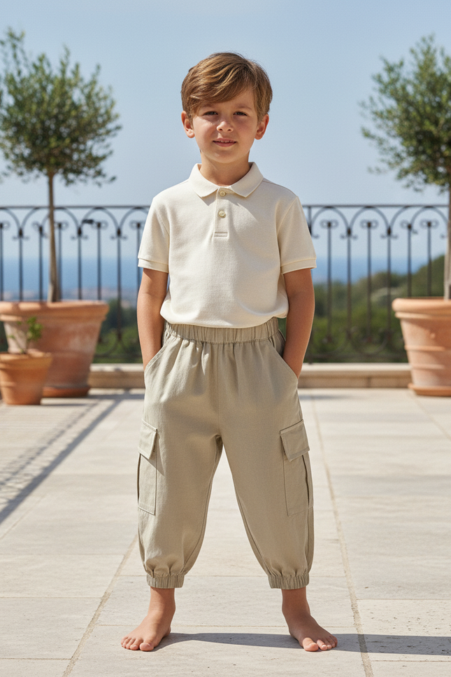 Pantalon En Lin Cargo Beige Ample Élastiqué Enfant