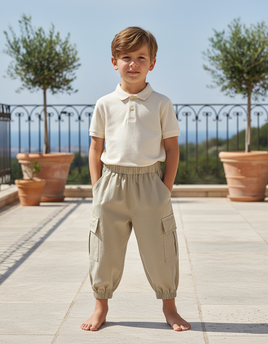 Pantalon En Lin Cargo Beige Ample Élastiqué Enfant