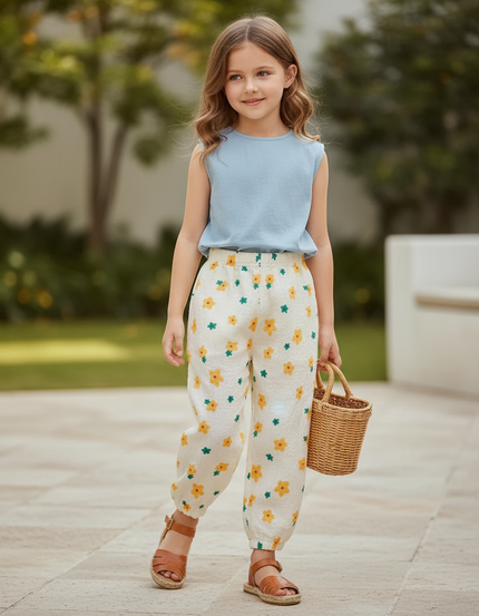 Pantalon En Lin Blanc Floral Ample Enfant Décontracté