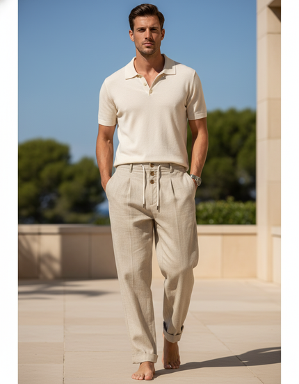 Pantalon En Lin Beige Homme Décontracté Léger Plissé