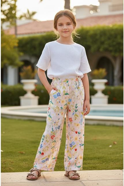 Pantalon En Lin Fille Floral Ample Décontracté Fluide - Multicolore