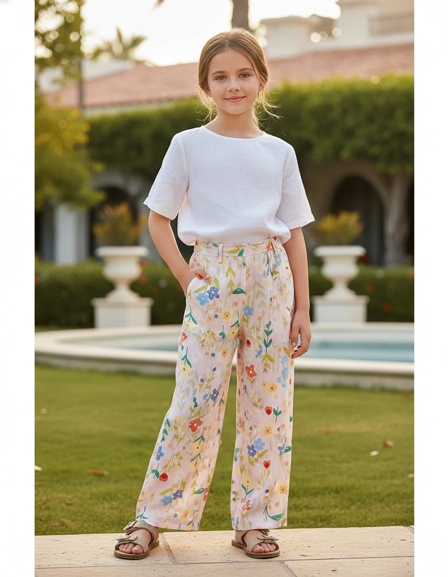Pantalon En Lin Fille Floral Ample Décontracté Fluide - Multicolore