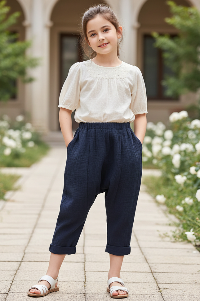 Pantalon En Lin Bleu Marine Ample Enfant Coton