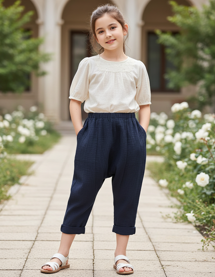 Pantalon En Lin Bleu Marine Ample Enfant Coton