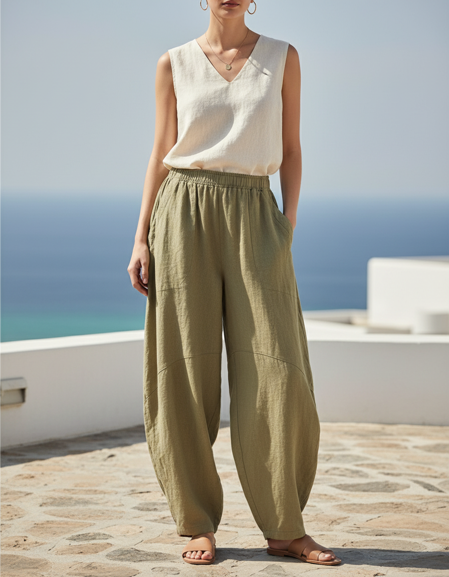 Pantalon En Lin Femme Vert Olive Coupe Ample - Kaki