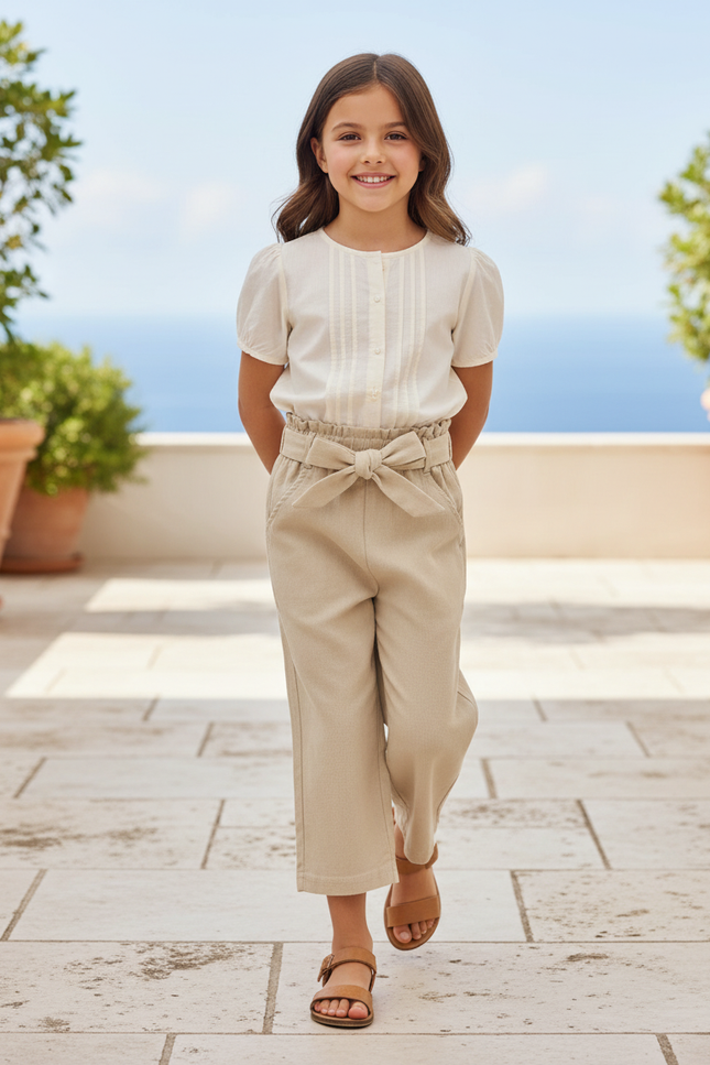 Pantalon En Lin Beige Taille Haute Ceinturé Fille
