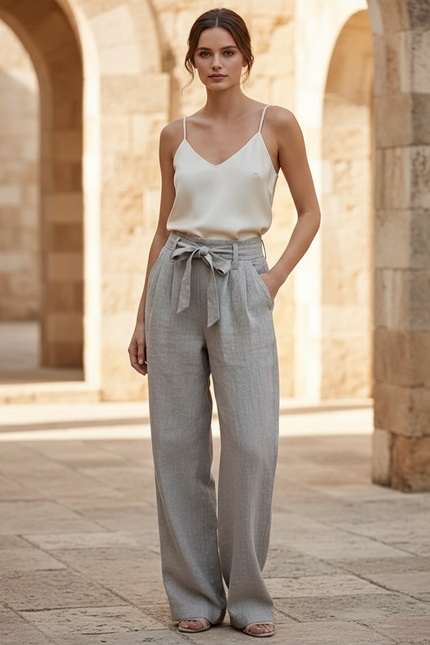 Ensemble Pantalon Fluide Femme Lin - Gris