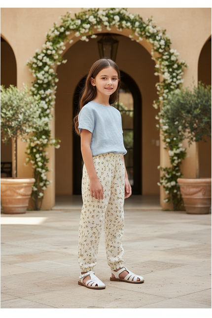 Pantalon En Lin Enfant Fleuri Ample Élastiqué Léger - Imprimé