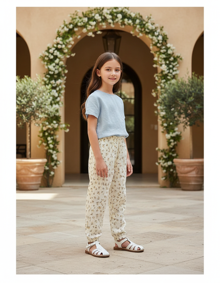 Pantalon En Lin Enfant Fleuri Ample Élastiqué Léger - Imprimé