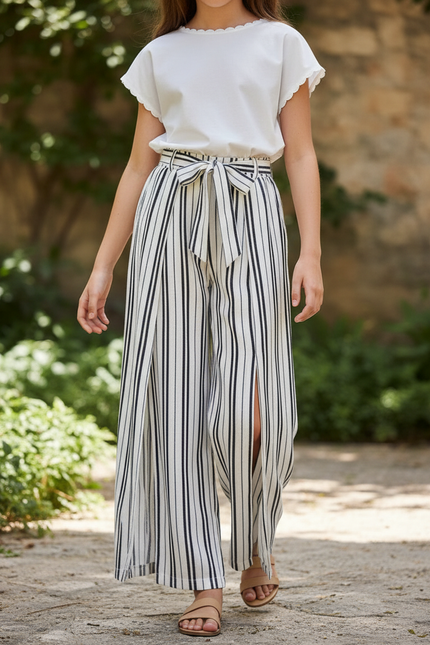 Pantalon En Lin Rayé Noir Blanc Ample Fendu - Imprimé