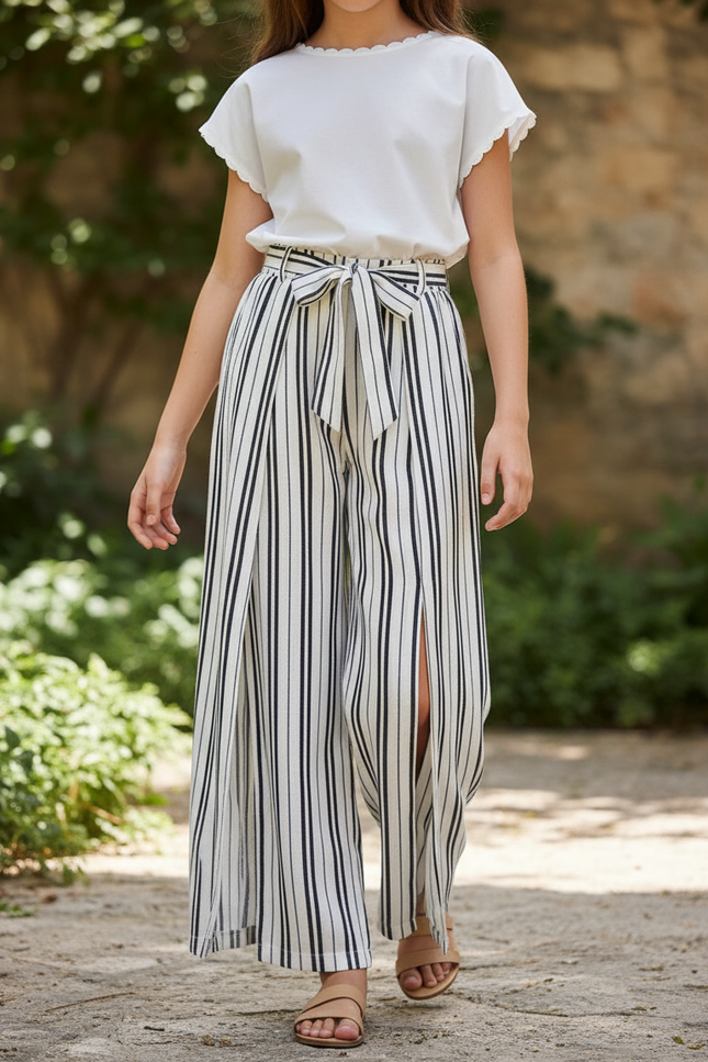 Pantalon En Lin Rayé Noir Blanc Ample Fendu - Imprimé