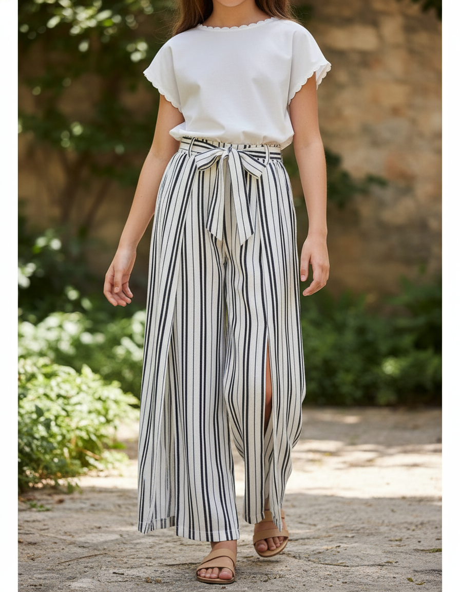 Pantalon En Lin Rayé Noir Blanc Ample Fendu - Imprimé