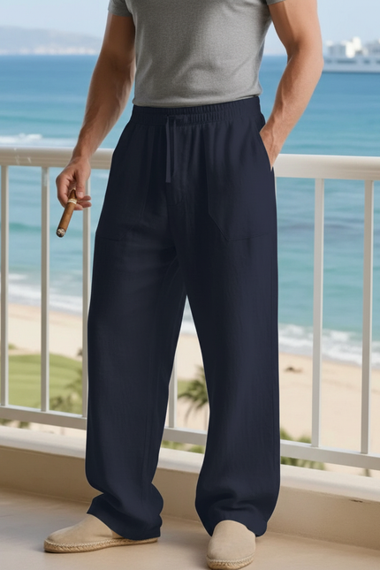 Pantalon En Lin Bleu Marine Ample Droit Homme