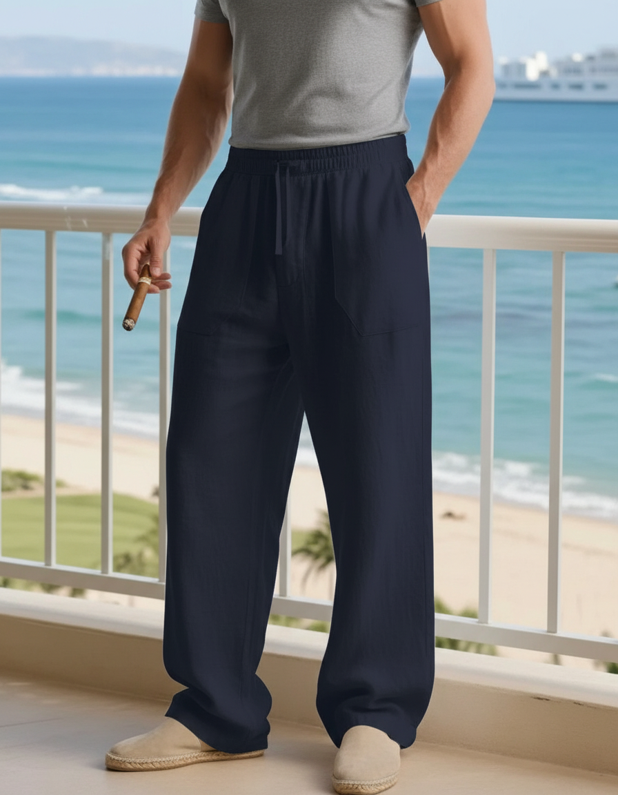 Pantalon En Lin Bleu Marine Ample Droit Homme