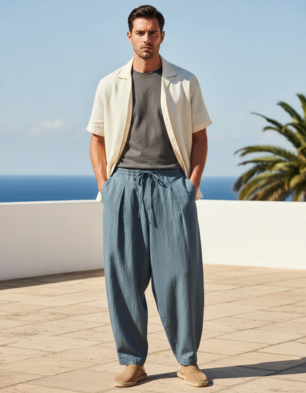 Pantalon En Lin Bleu Ample Décontracté Homme Moderne
