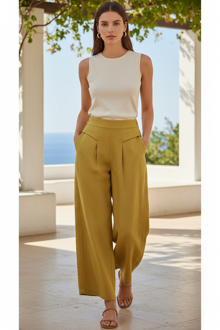 Pantalon En Lin Vert Ample Plissé Taille Haute - Kaki
