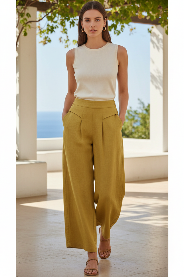 Pantalon En Lin Vert Ample Plissé Taille Haute - Kaki