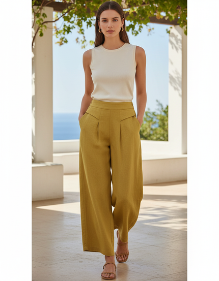 Pantalon En Lin Vert Ample Plissé Taille Haute - Kaki