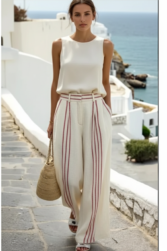 Pantalon En Lin Écru Rayures Rouges Ample Femme - Beige