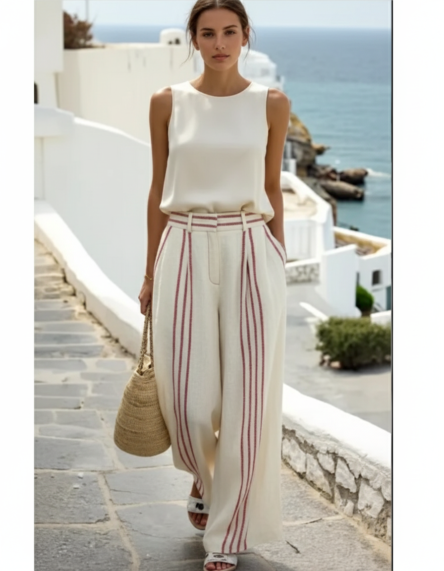 Pantalon En Lin Écru Rayures Rouges Ample Femme - Beige