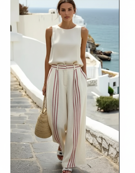 Pantalon En Lin Écru Rayures Rouges Ample Femme - Beige