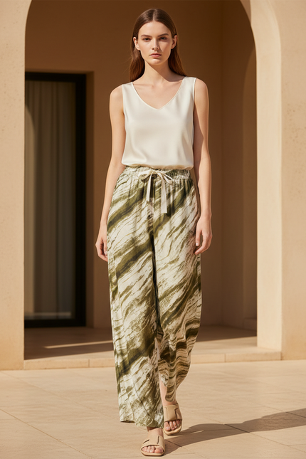 Pantalon En Lin Imprimé Vert Ample Fluide Estival