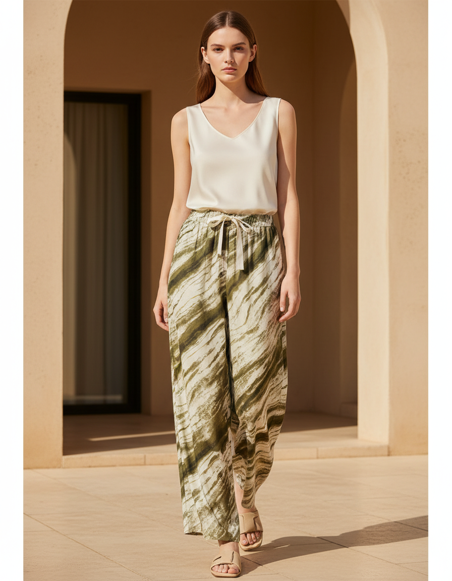 Pantalon En Lin Imprimé Vert Ample Fluide Estival