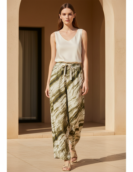 Pantalon En Lin Imprimé Vert Ample Fluide Estival
