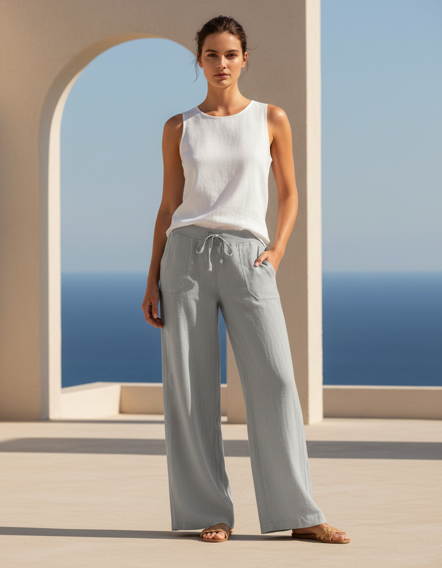 Pantalon En Lin Ample Cordon Taille Haute Femme - Bleu