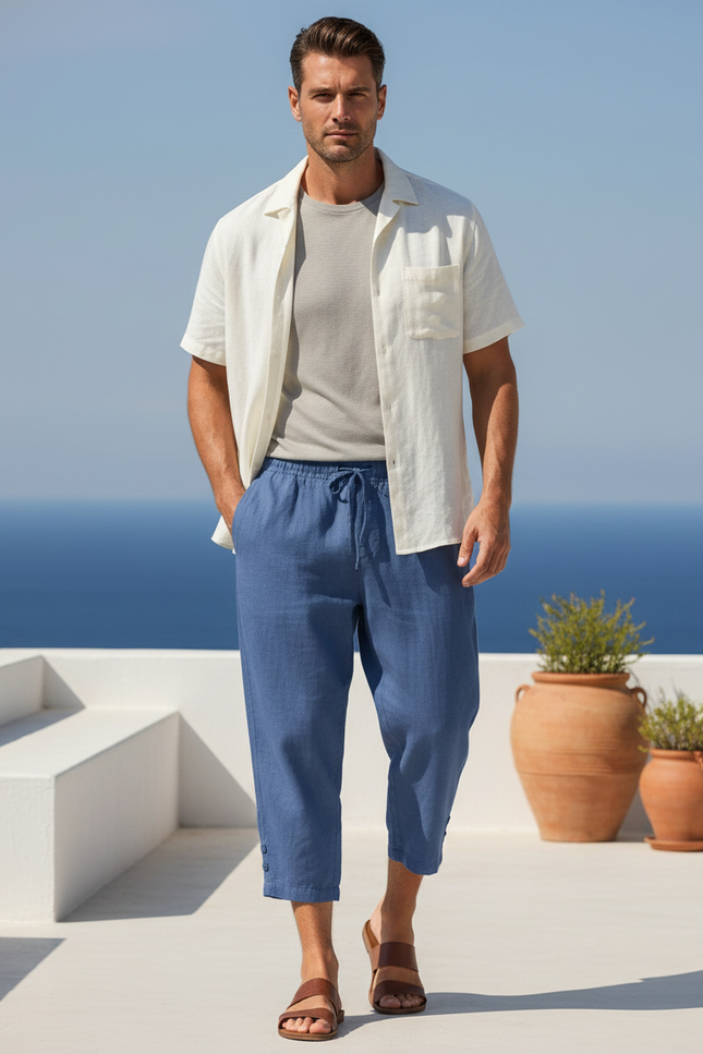 Pantalon En Lin Bleu Décontracté Ample Coton Homme