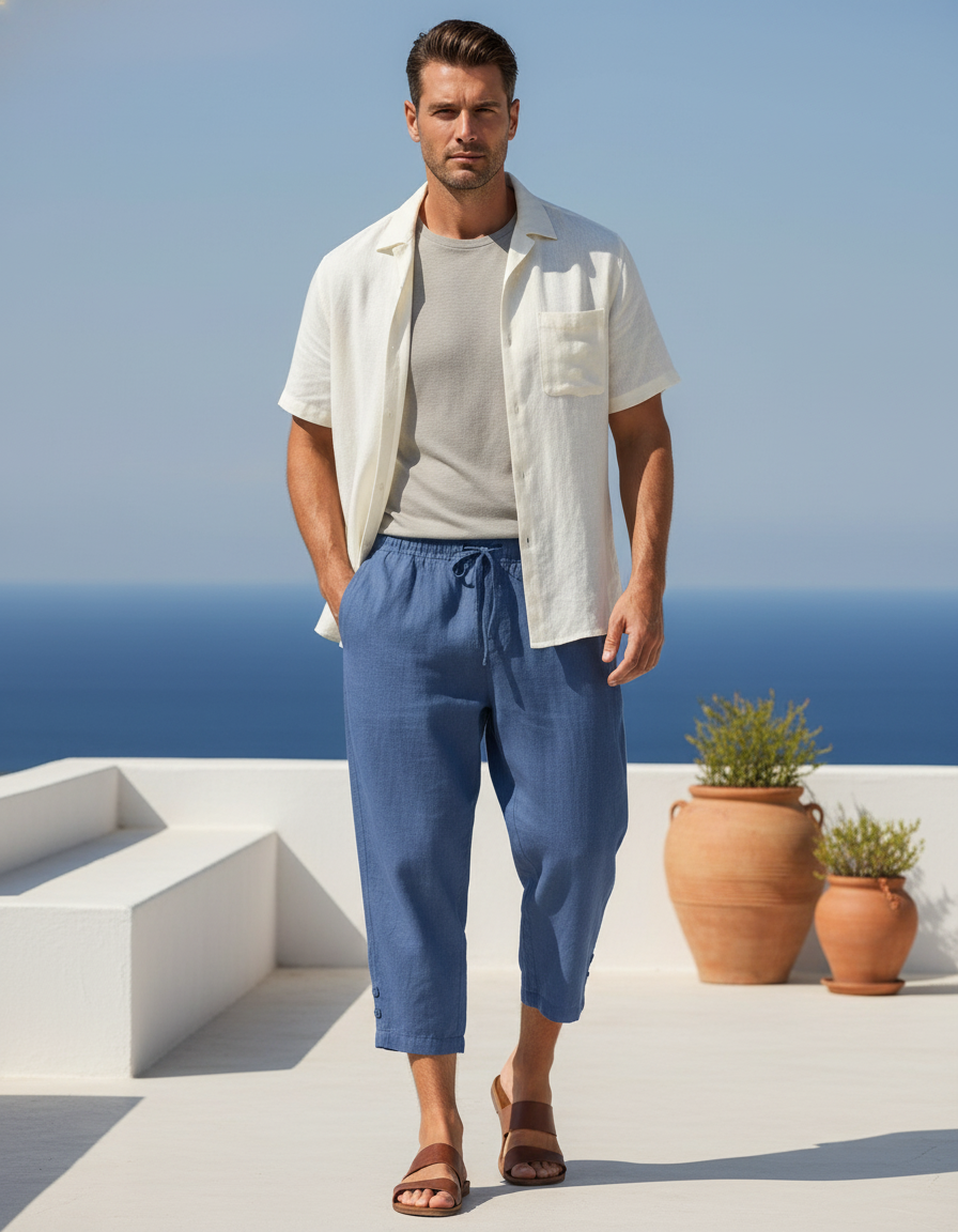 Pantalon En Lin Bleu Décontracté Ample Coton Homme