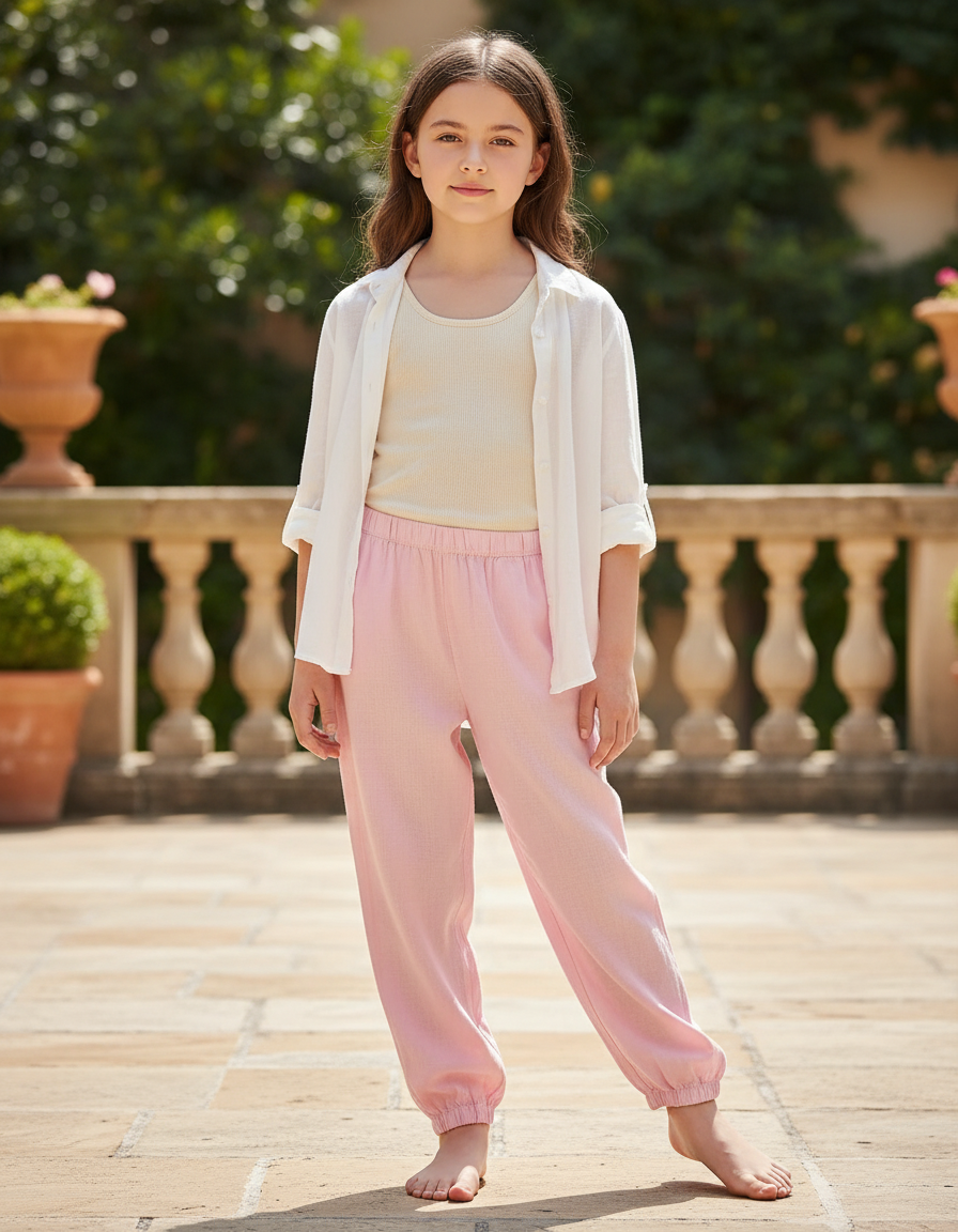 Pantalon En Lin Rose Clair Ample Enfant Léger Fluide