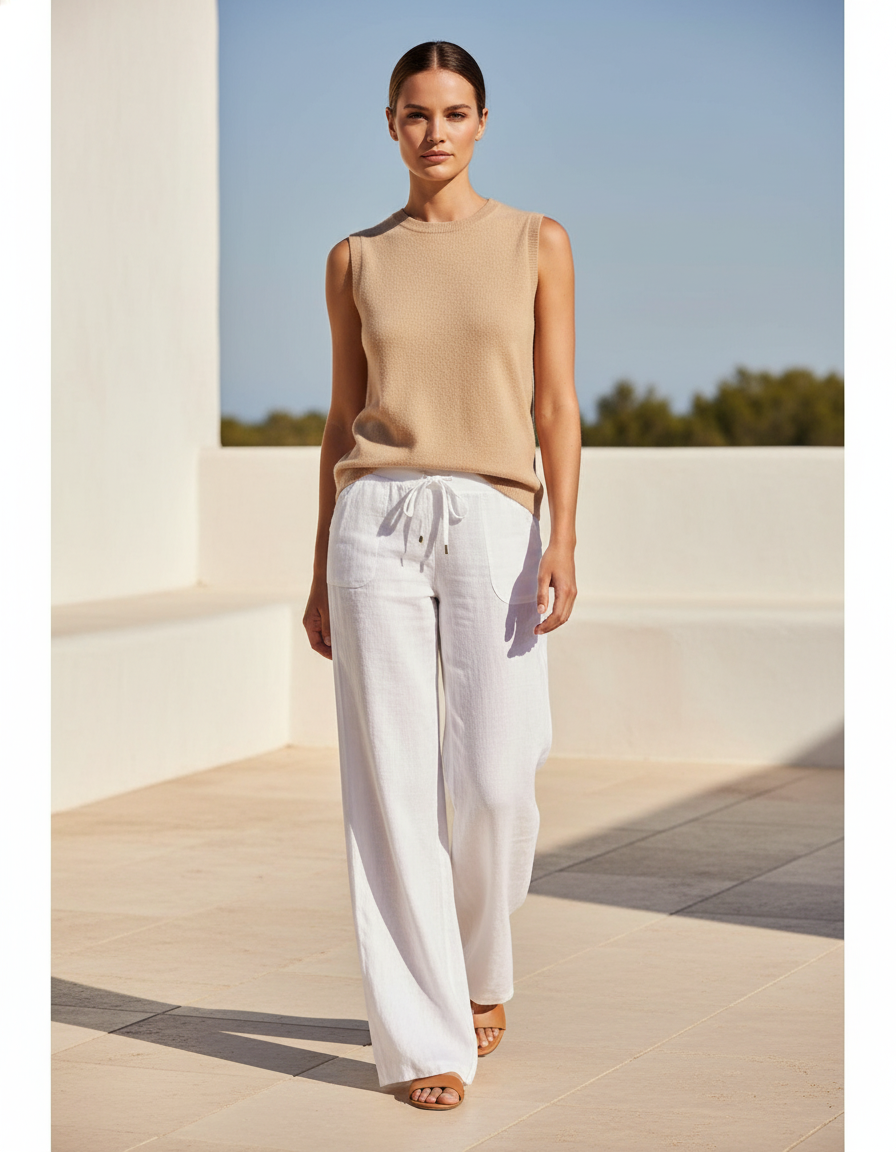 Pantalon En Lin Femme Blanc Coupe Ample Casual Été 2