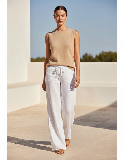 Pantalon En Lin Femme Blanc Coupe Ample Casual Été 2