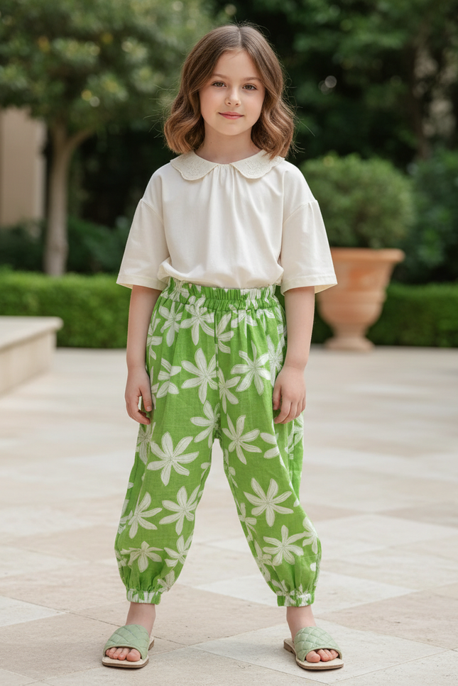 Pantalon En Lin Vert Fleuri Ample Fille Estival