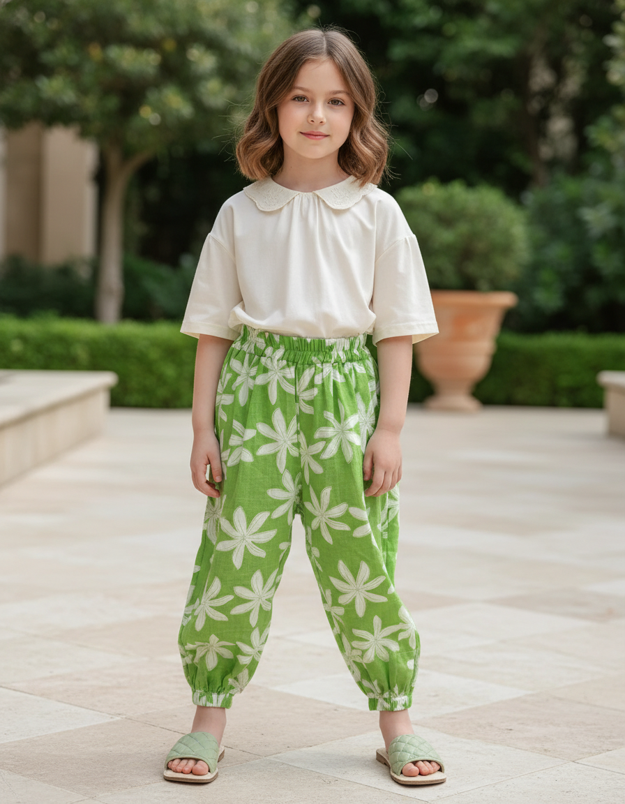 Pantalon En Lin Vert Fleuri Ample Fille Estival