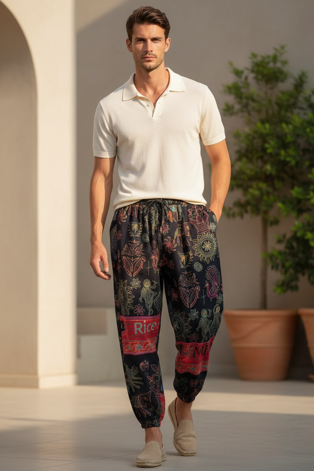 Pantalon En Lin Noir Imprimé Ethnique Ample Harem Homme