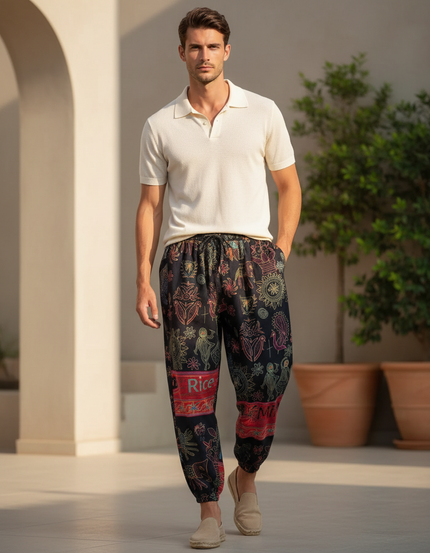 Pantalon En Lin Noir Imprimé Ethnique Ample Harem Homme