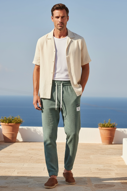 Pantalon En Lin Vert Homme Décontracté Texturé Léger