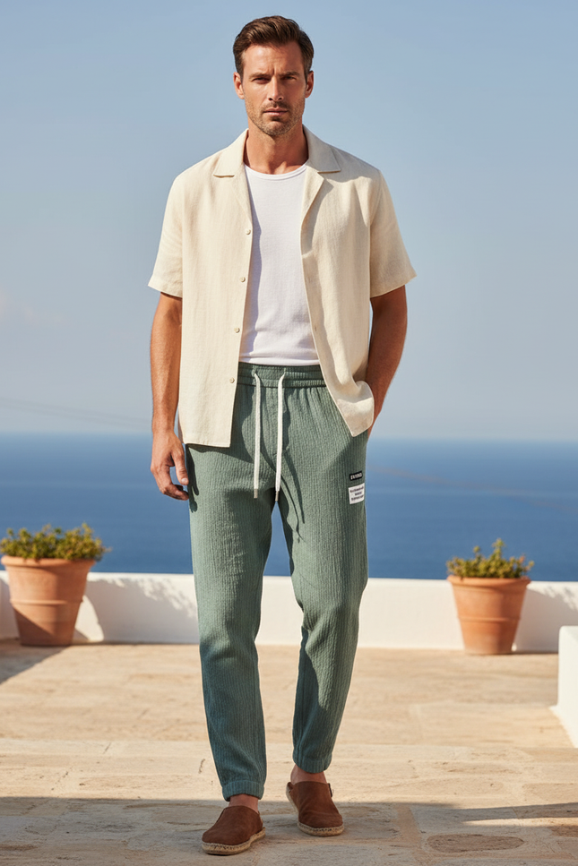 Pantalon En Lin Vert Homme Décontracté Texturé Léger