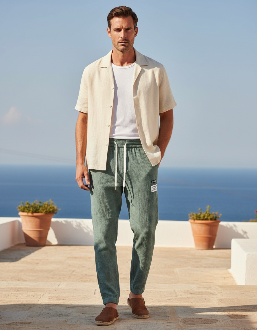 Pantalon En Lin Vert Homme Décontracté Texturé Léger