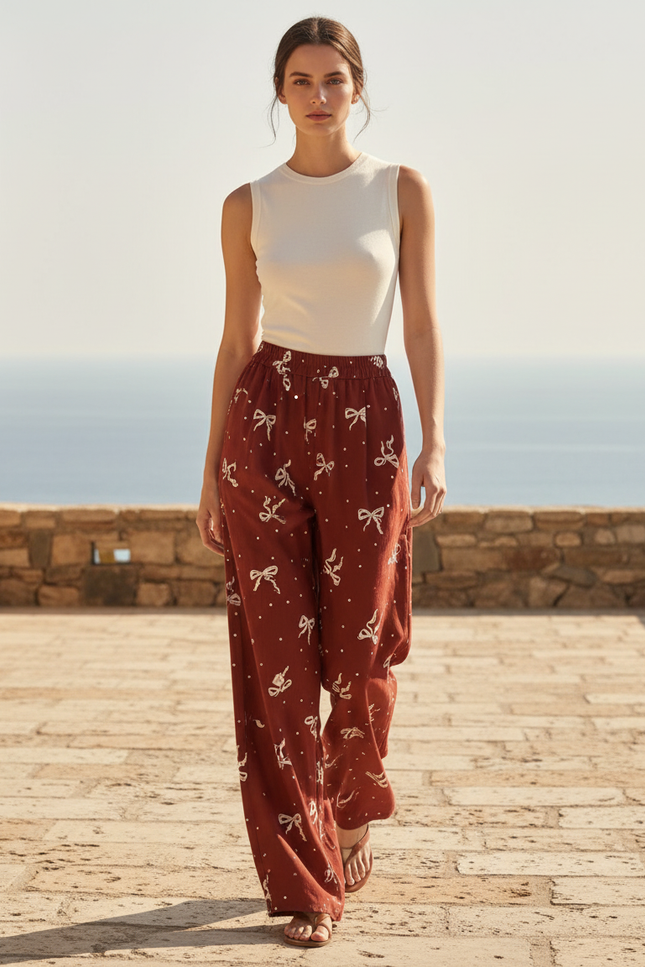 Pantalon En Lin Brique Ample Motif Nœuds Fluide - Bordeaux